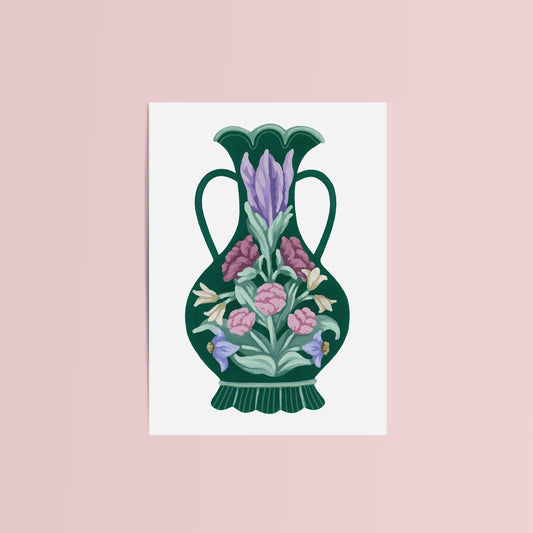 Mia Whittemore_Dark Green Vase with Flowers Mini Art Print