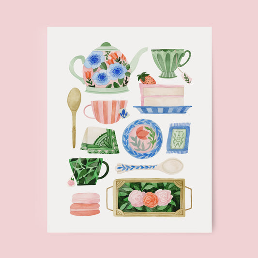 Pink and Green Tea Set Art Print