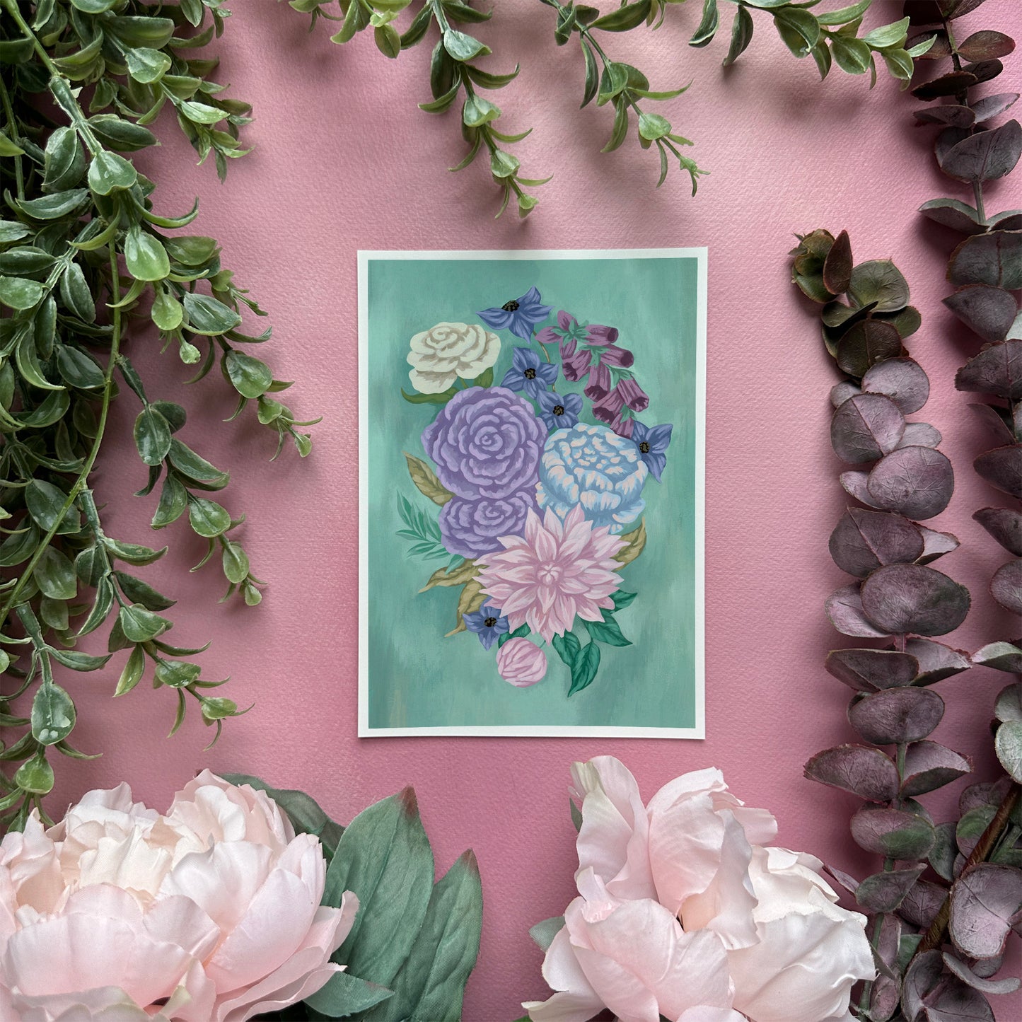 Floral on Blue Green Mini Art Print
