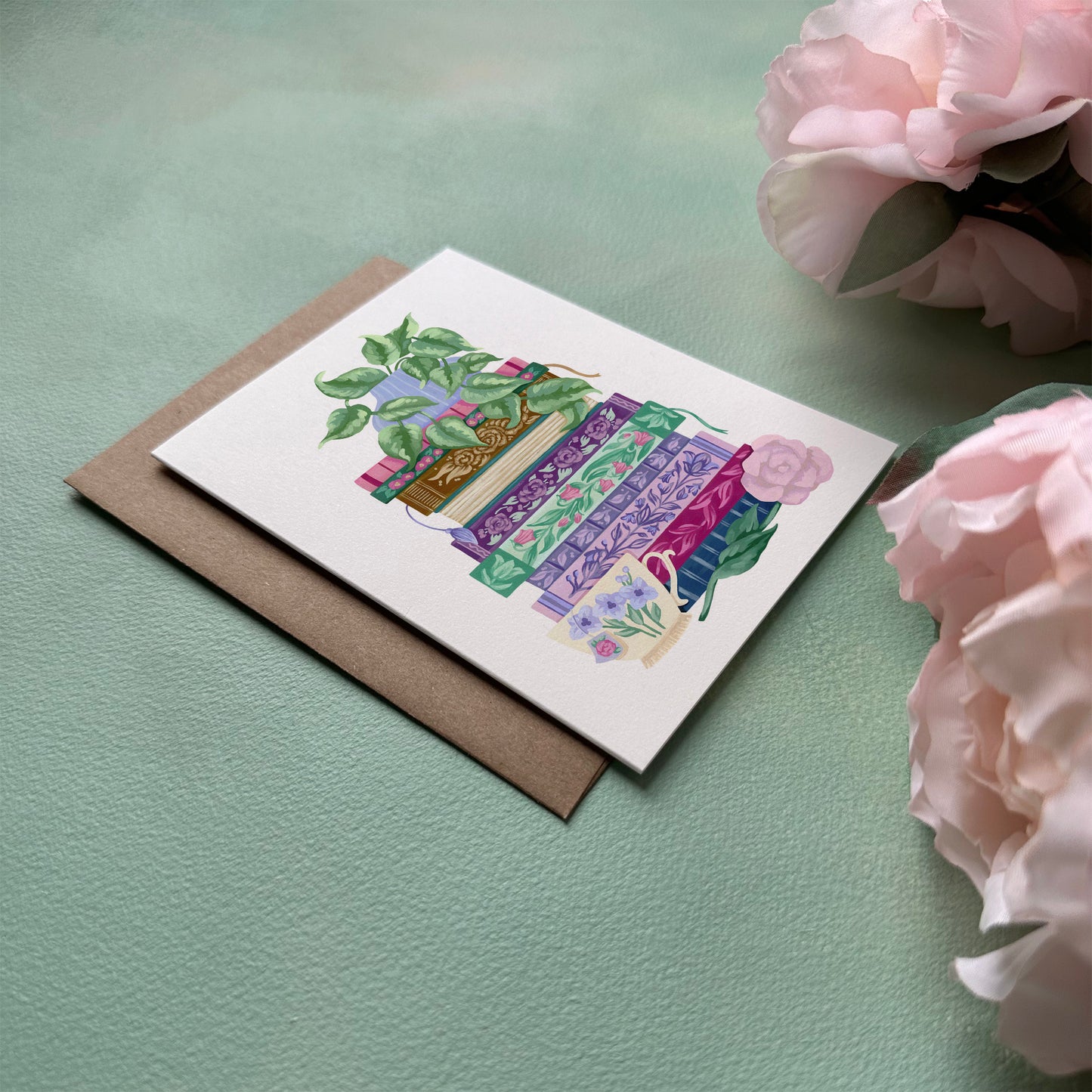 Floral Book Stack Greeting Card with Envelope with Pink Flowers