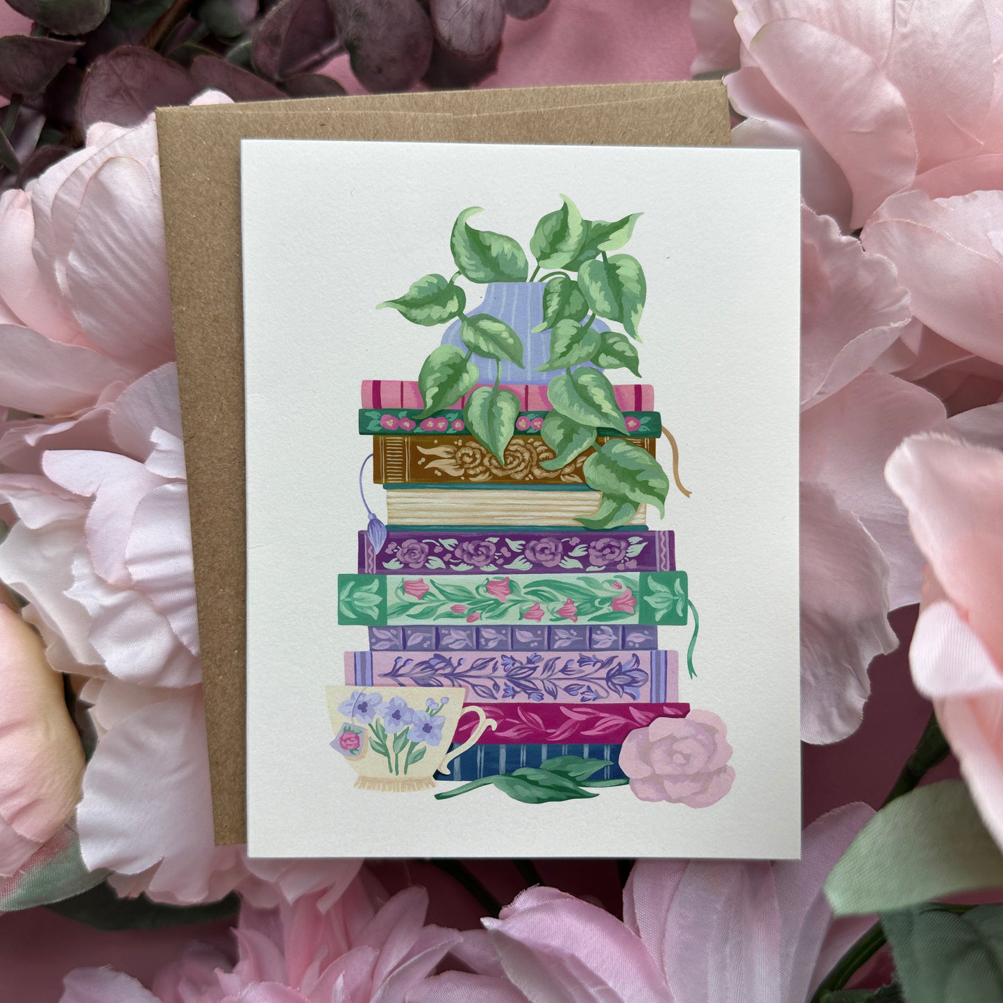 Floral Book Stack Greeting Card on Pink Flowers