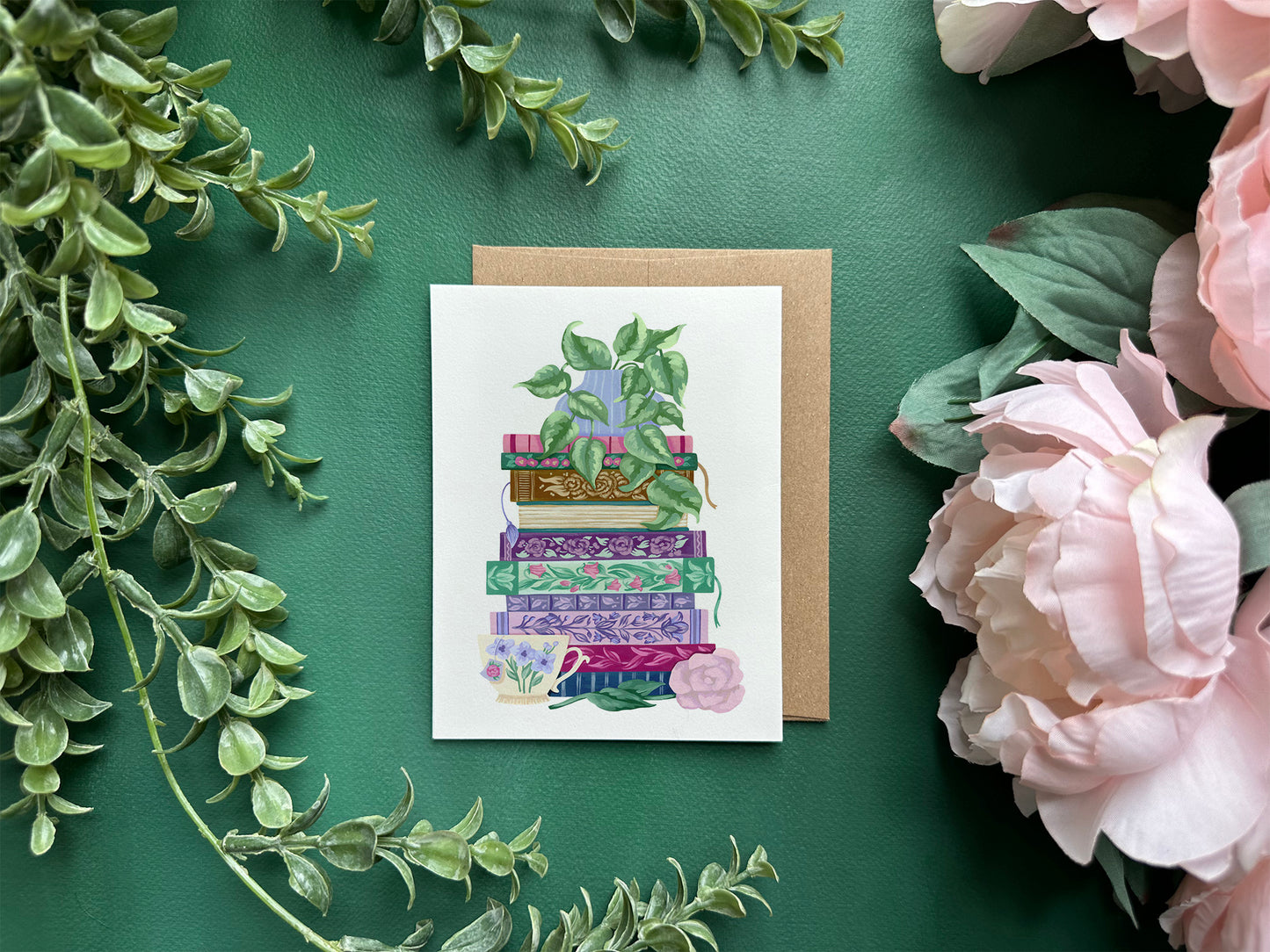 Floral Book Stack Greeting Card on Green with Flowers