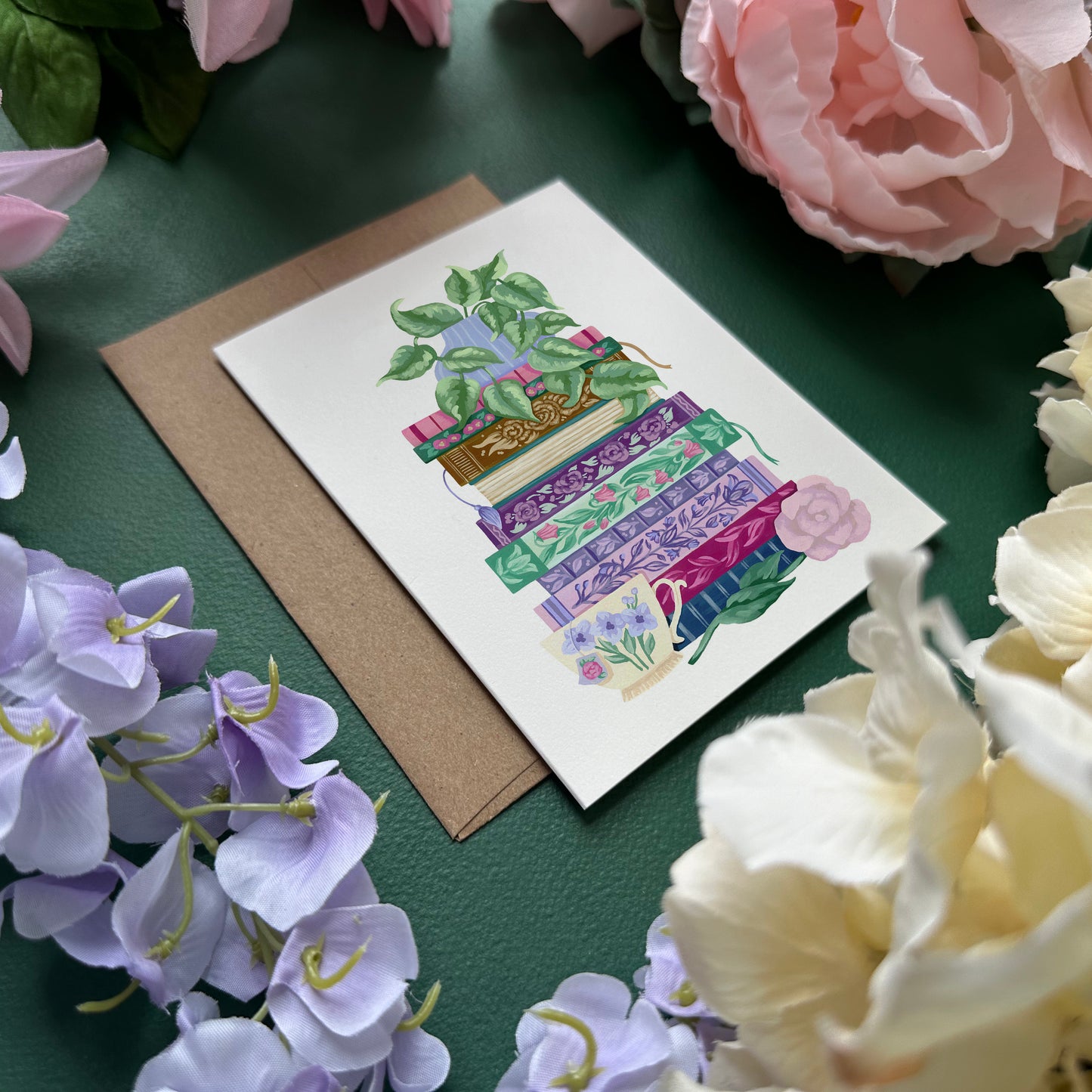 Floral Book Stack Greeting Card on Green with Flowers