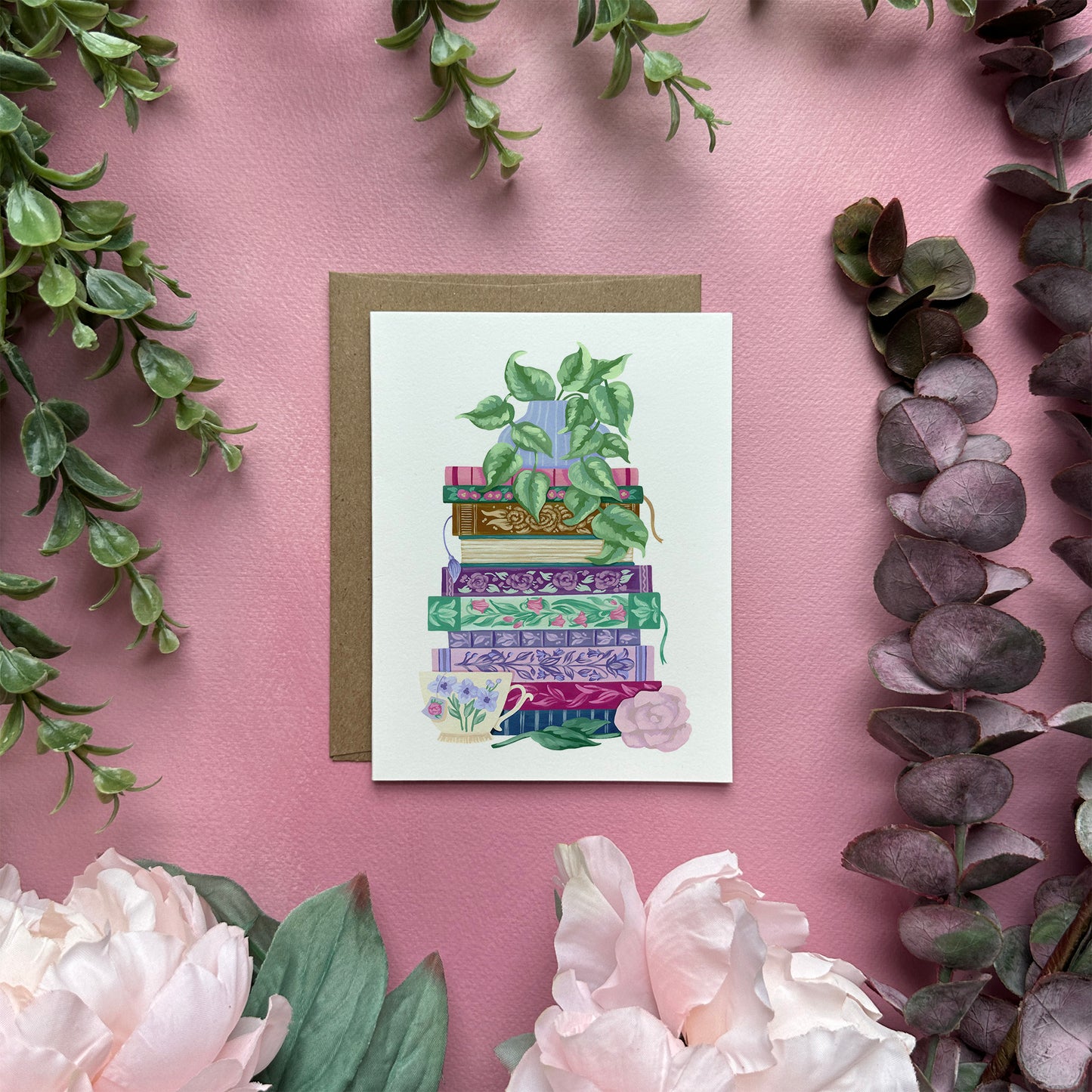 Floral Book Stack Greeting Card on Pink with Plants
