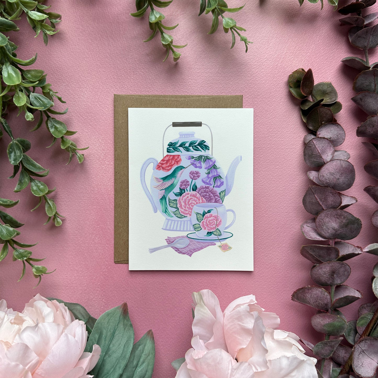 Hummingbird Tea Set Greeting Card