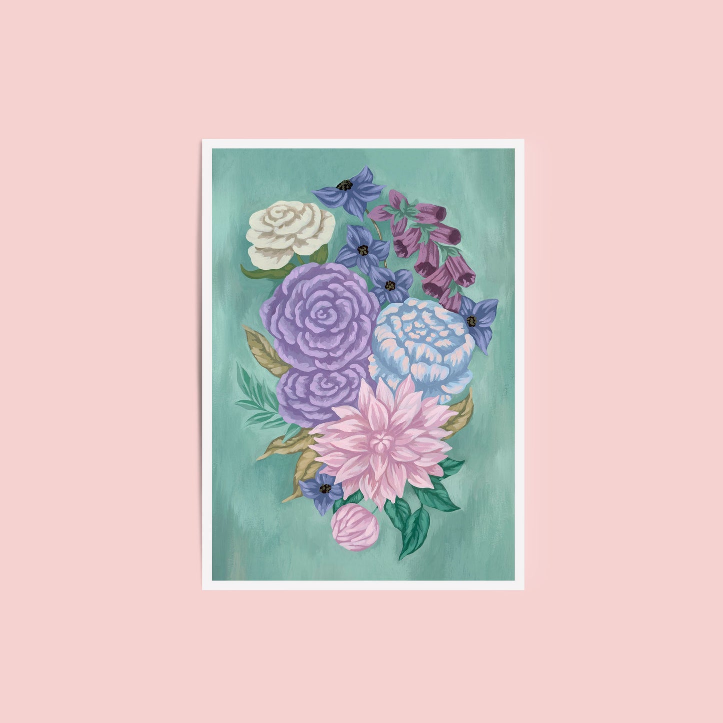 Mia Whittemore Floral on Blue Green Mini Art Print