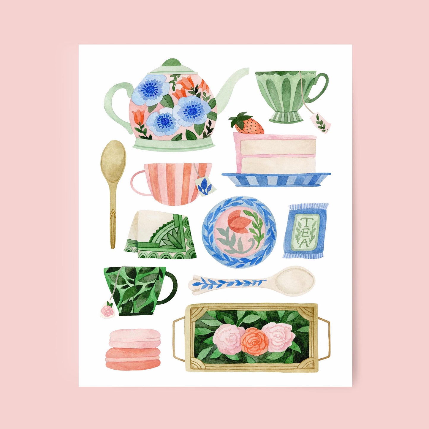 Mia Whittemore Pink and Green Tea Set Art Print