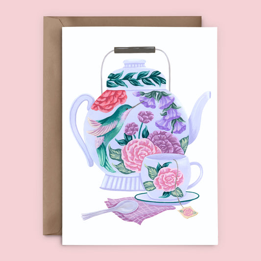 Mia Whittemore Hummingbird Tea Set Greeting Card