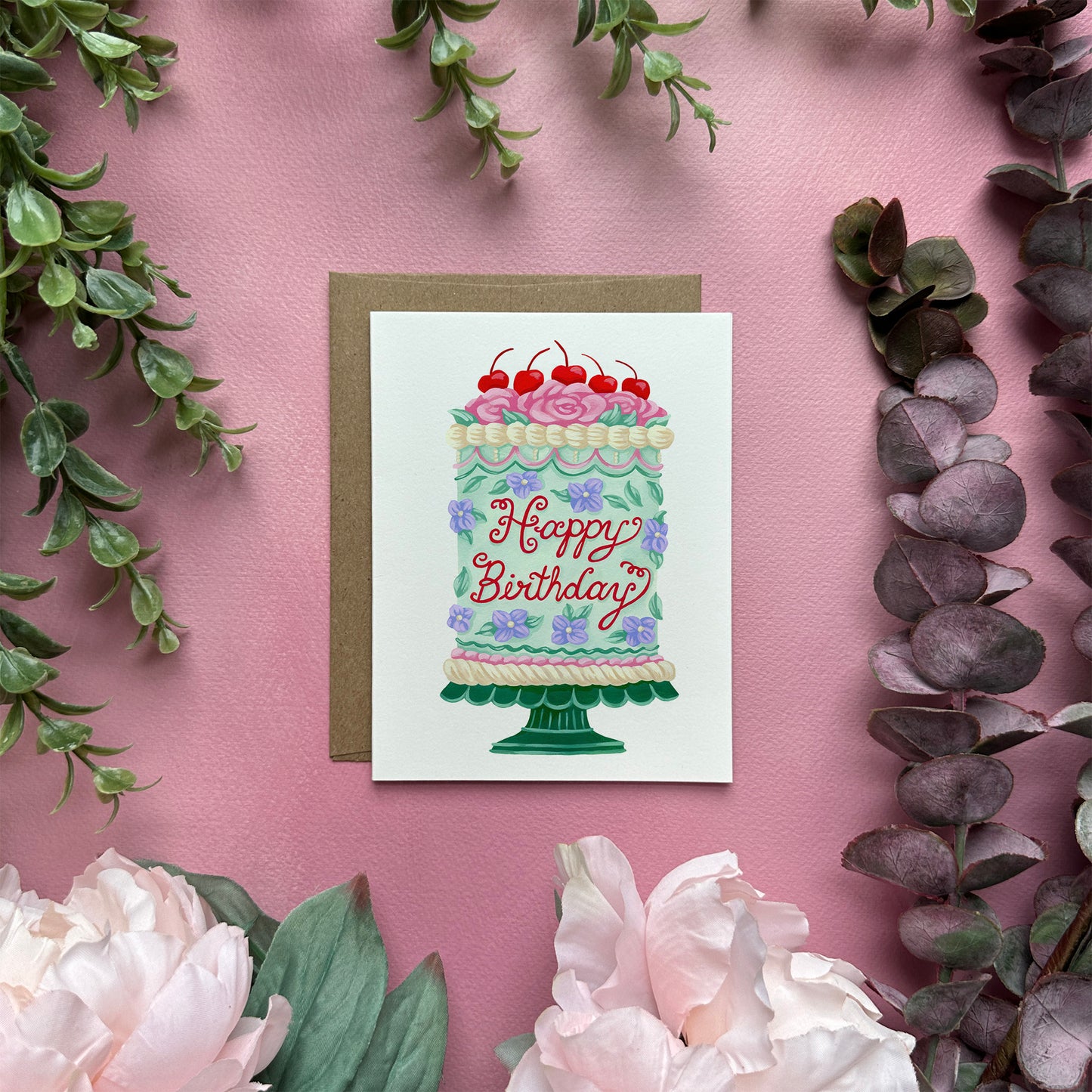 Happy Birthday Vintage Cake Greeting Card