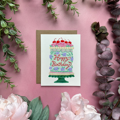 Happy Birthday Vintage Cake Greeting Card