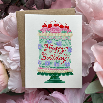 Happy Birthday Vintage Cake Greeting Card