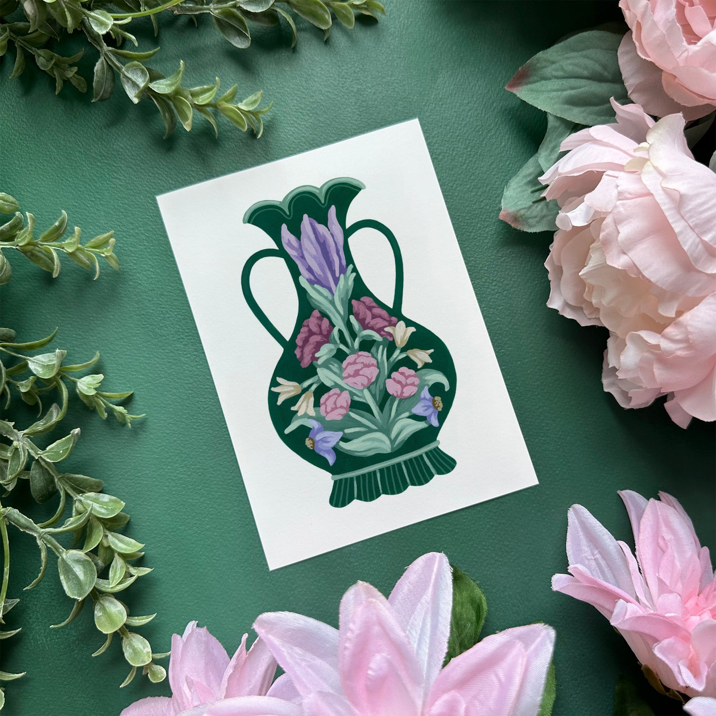 Dark Green Vase with Flowers Mini Art Print