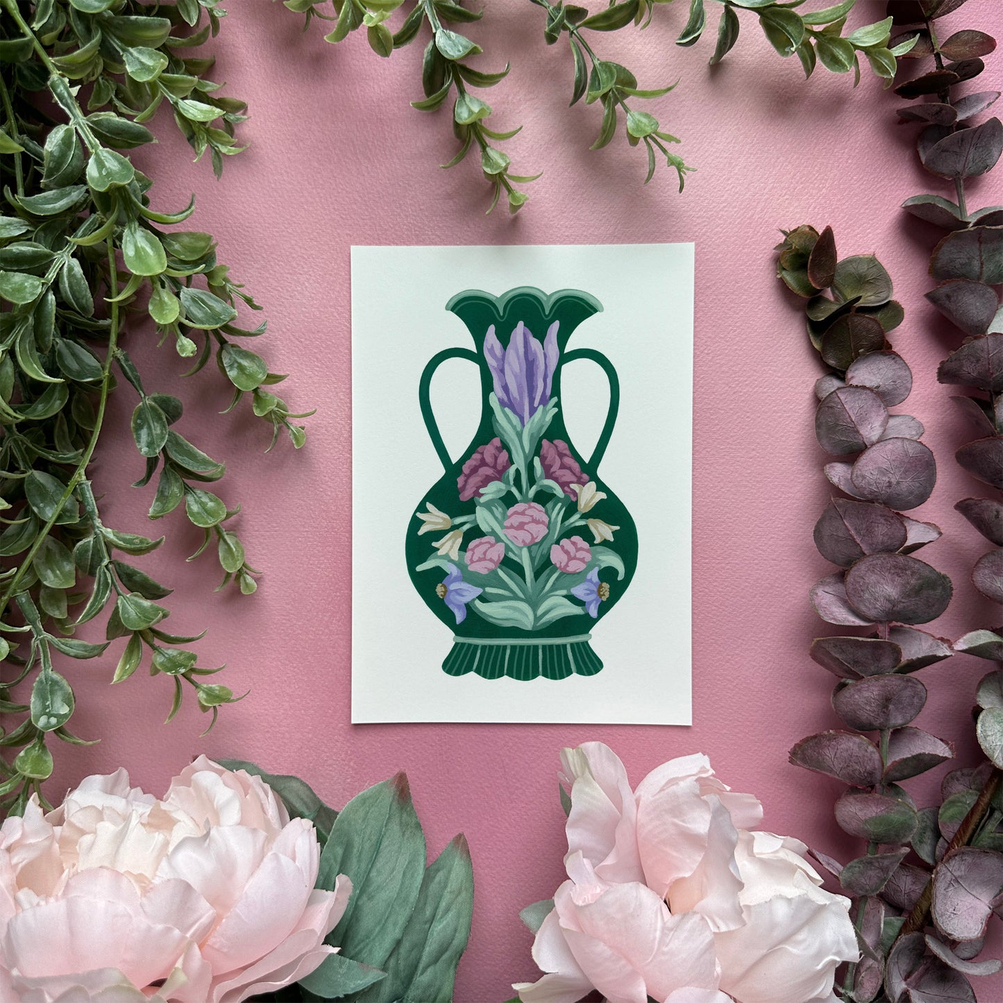 Dark Green Vase with Flowers Mini Art Print