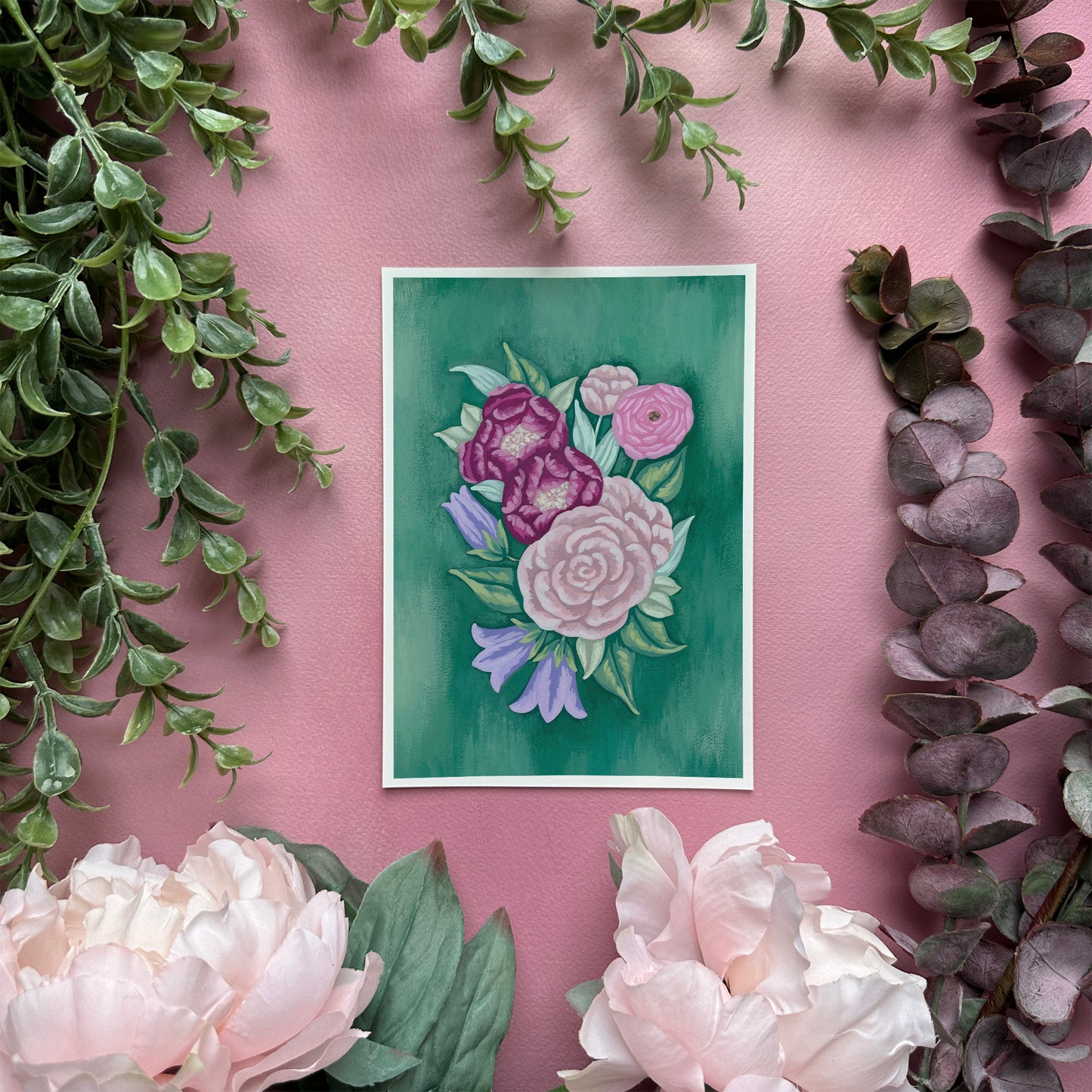 Floral Arrangement on Dark Green Mini Art Print