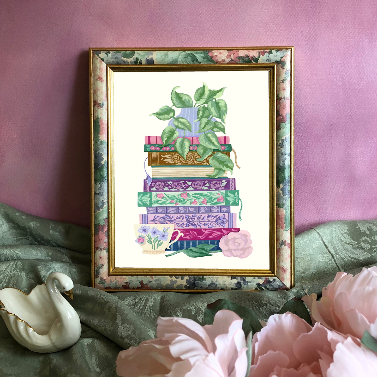 Floral Stack of Books Art Print