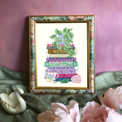 Floral Stack of Books Art Print