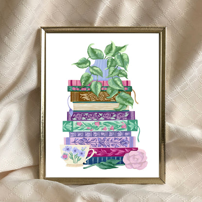 Floral Stack of Books Art Print