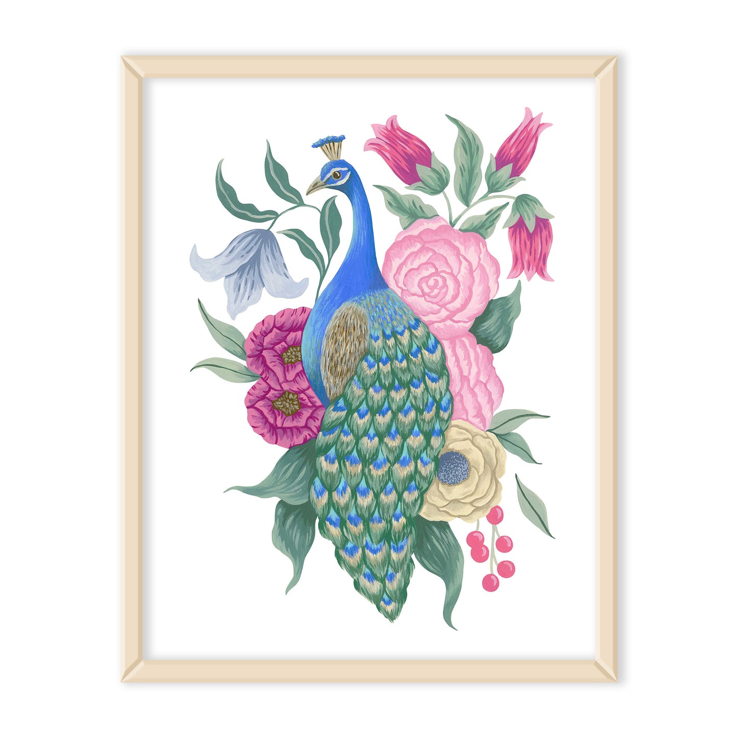 Peacock with Flowers Art Print