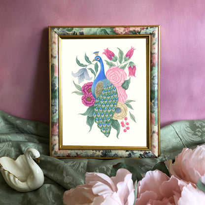 Peacock with Flowers Art Print