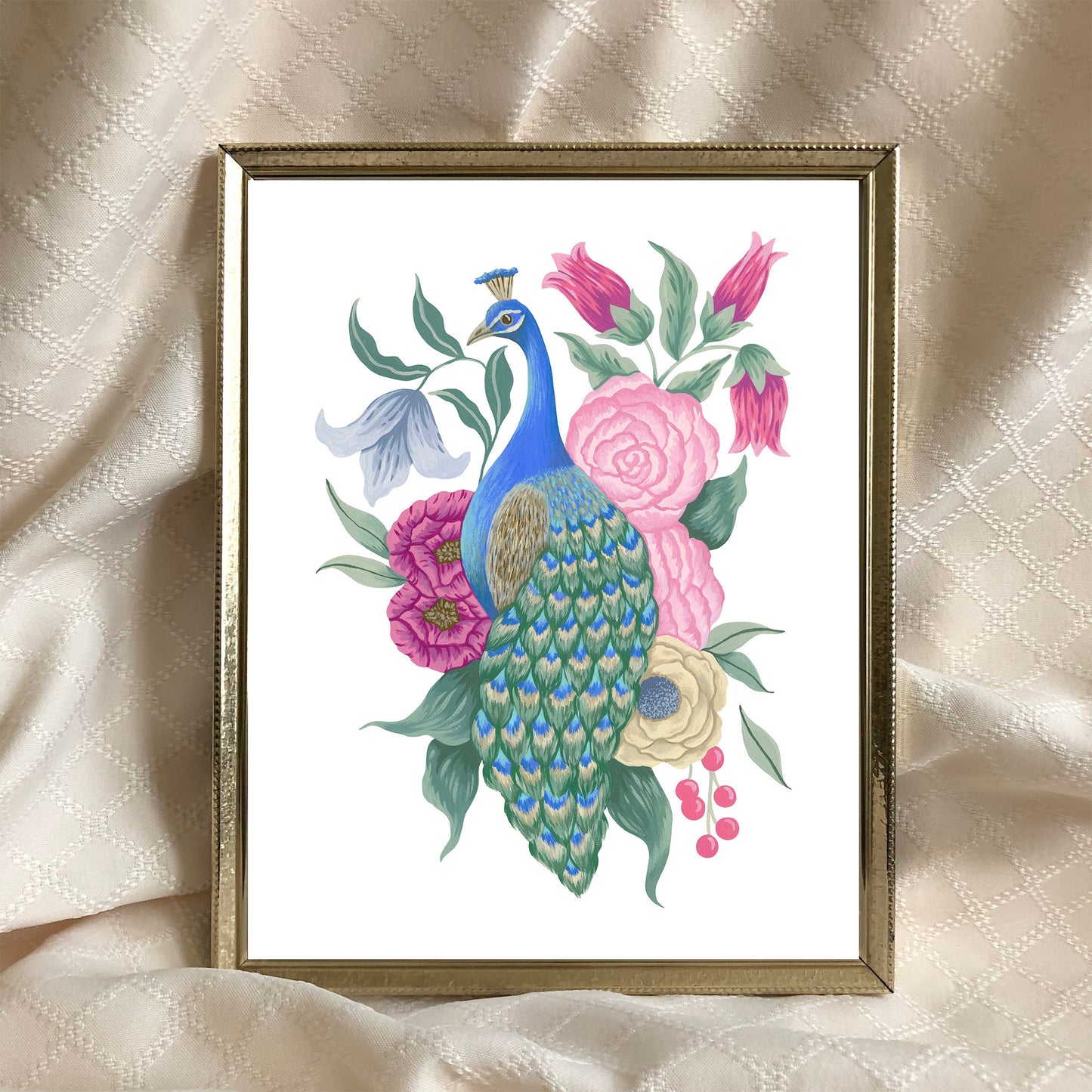 Peacock with Flowers Art Print