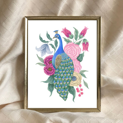 Peacock with Flowers Art Print