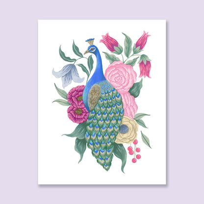 Peacock with Flowers Art Print