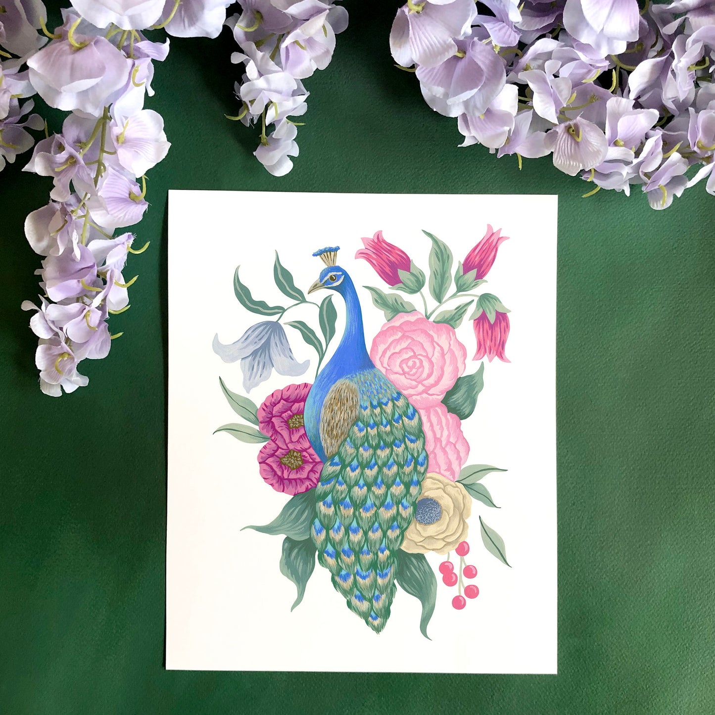 Peacock with Flowers Art Print