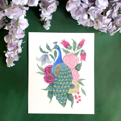 Peacock with Flowers Art Print