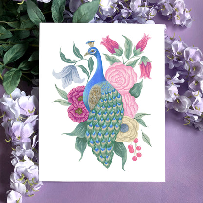 Peacock with Flowers Art Print
