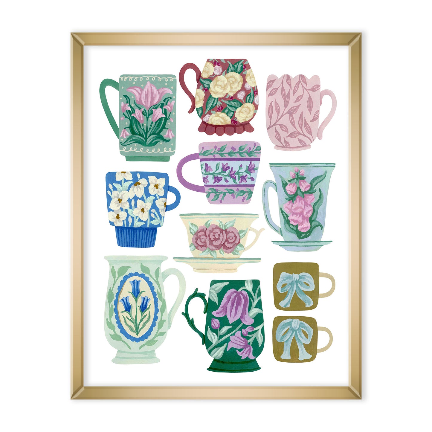 A collection of mugs with flower designs on a white background.