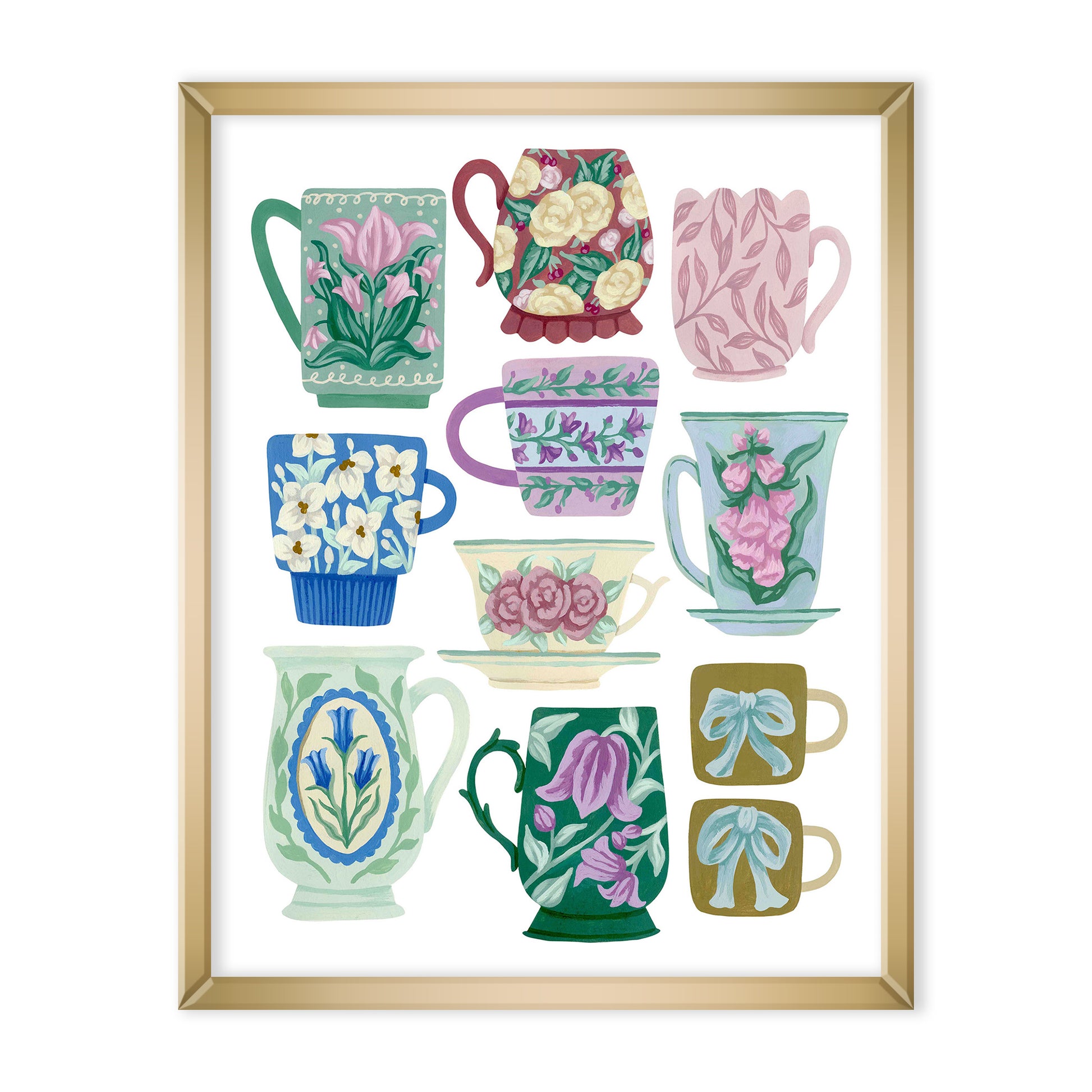 A collection of mugs with flower designs on a white background.