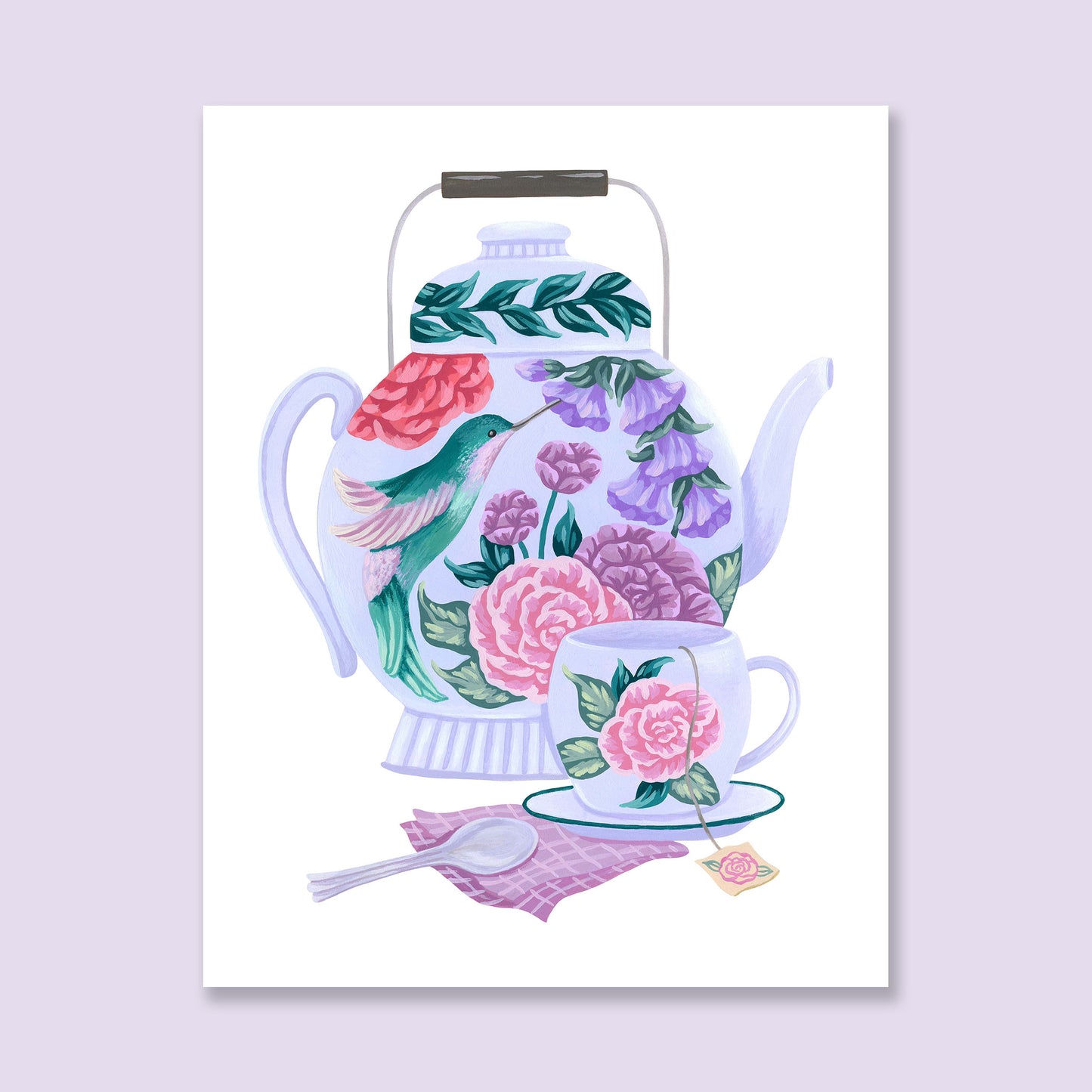 Hummingbird Tea Set Floral Art Print