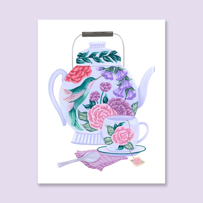 Hummingbird Tea Set Floral Art Print