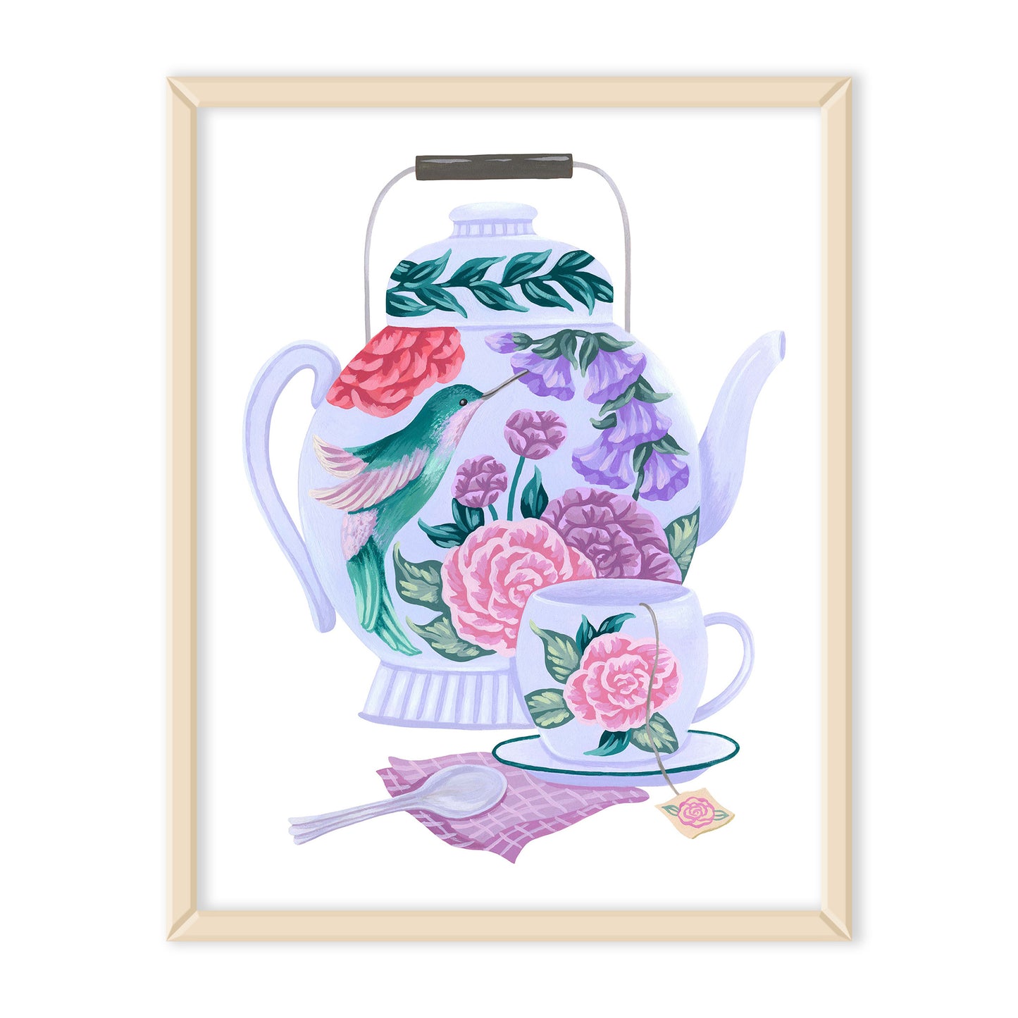 Hummingbird Tea Set Floral Art Print