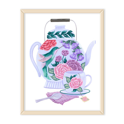 Hummingbird Tea Set Floral Art Print