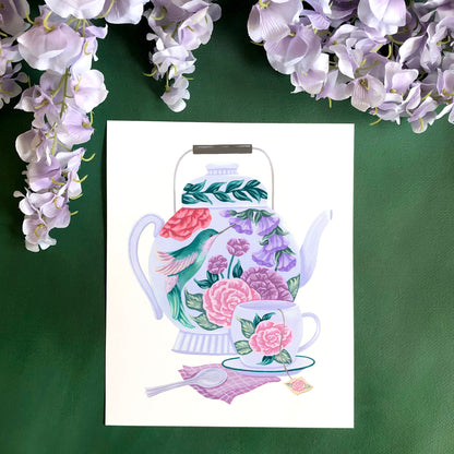 Hummingbird Tea Set Floral Art Print