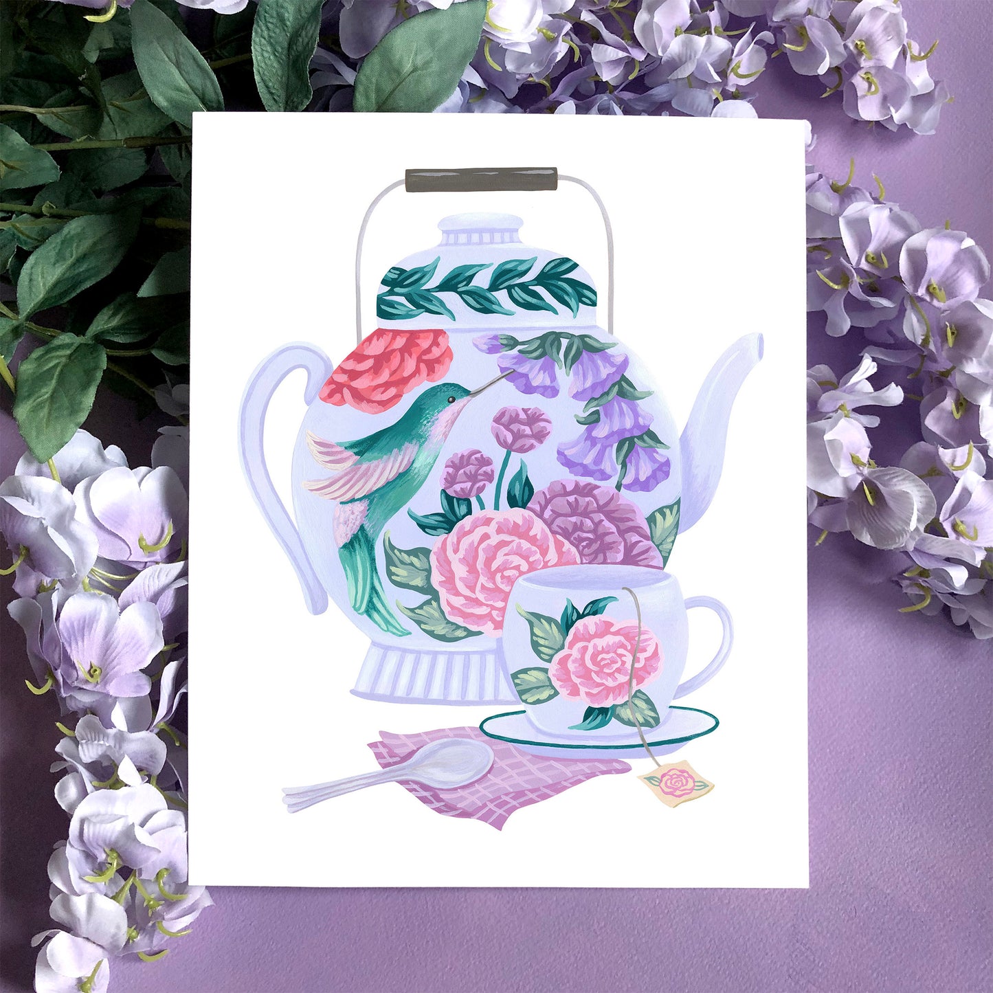 Hummingbird Tea Set Floral Art Print