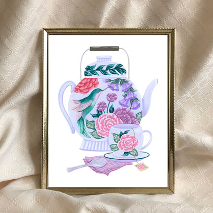 Hummingbird Tea Set Floral Art Print