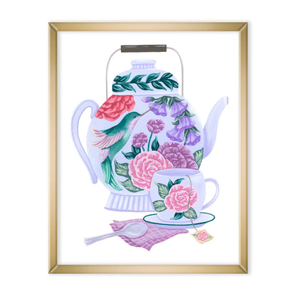 Mia Whittemore Hummingbird Tea Set Floral Art Print