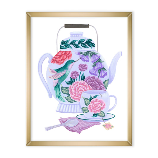 Mia Whittemore Hummingbird Tea Set Floral Art Print