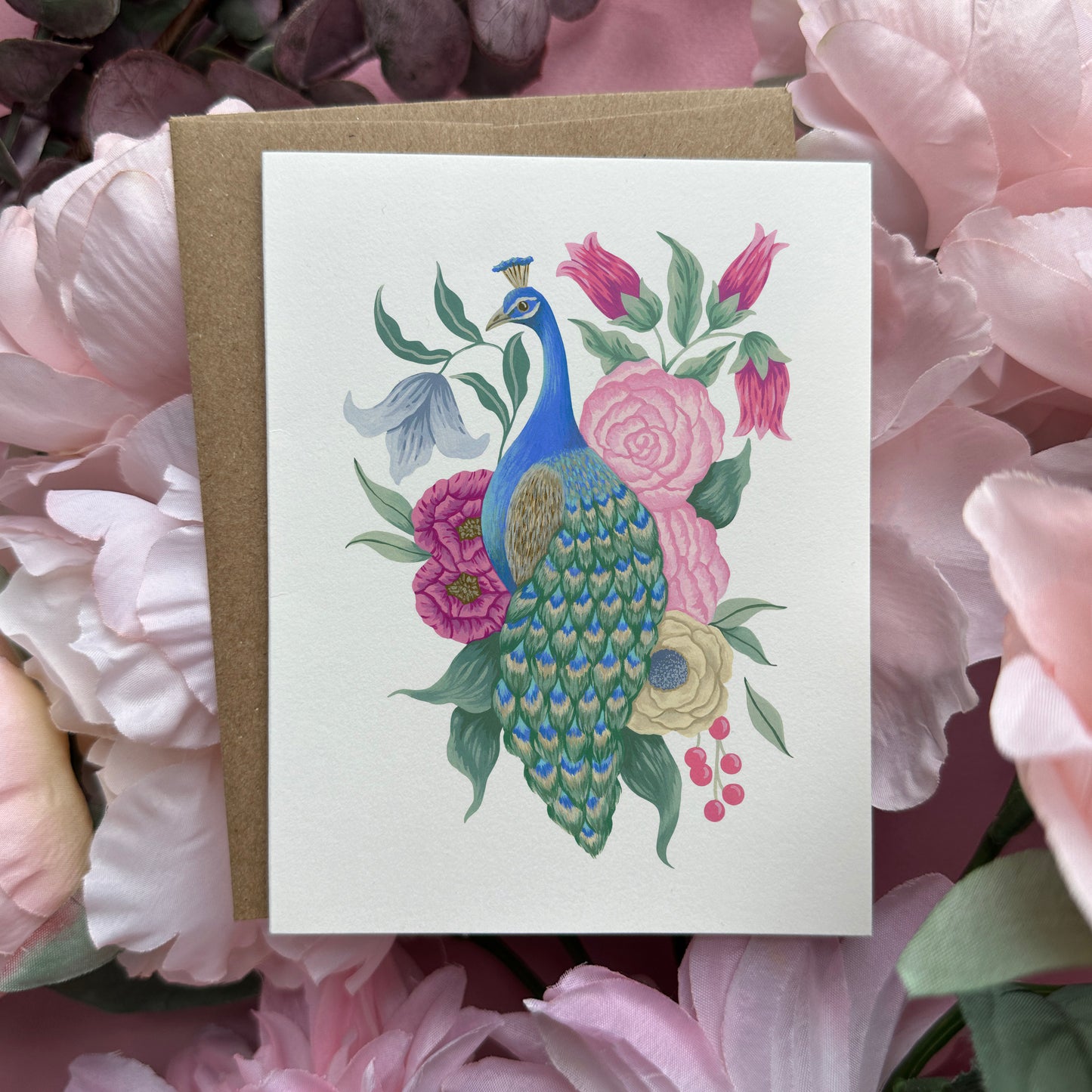 Peacock with Flowers Greeting Card