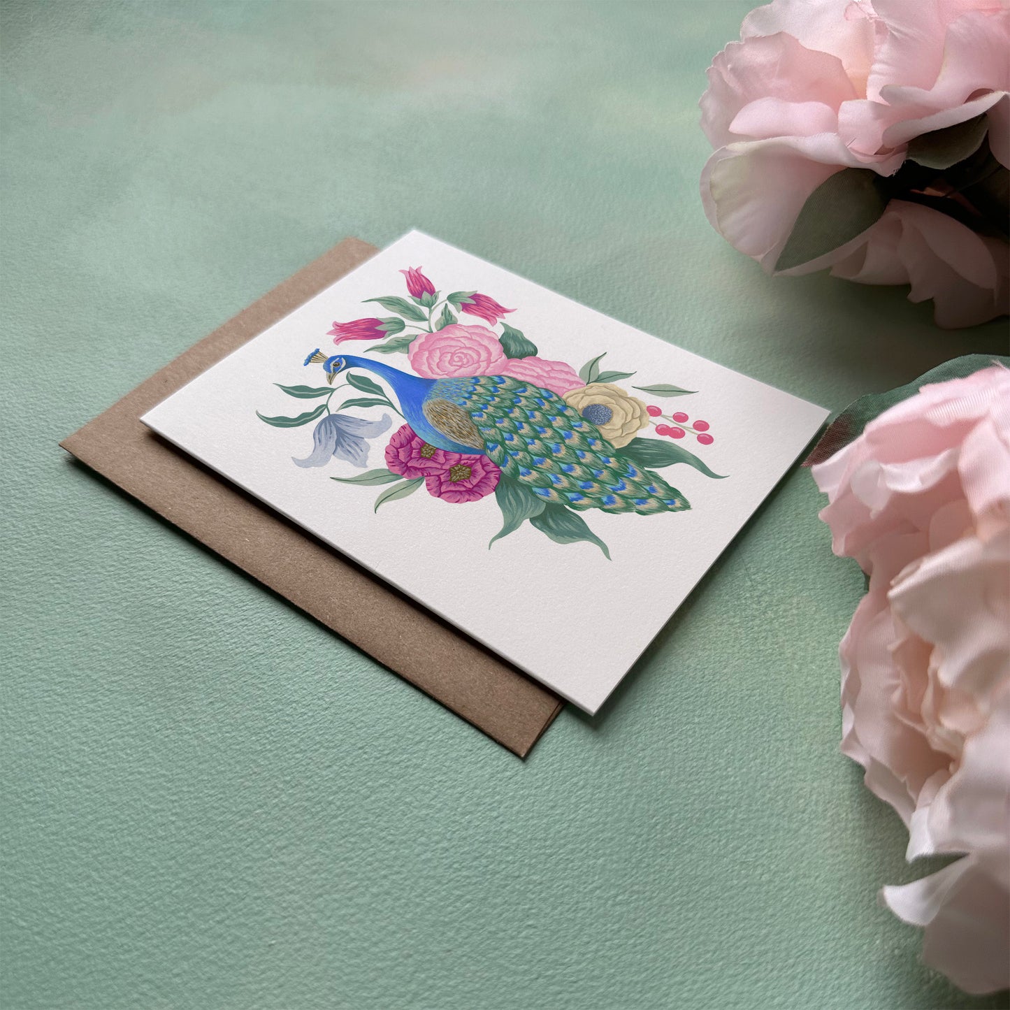 Peacock with Flowers Greeting Card