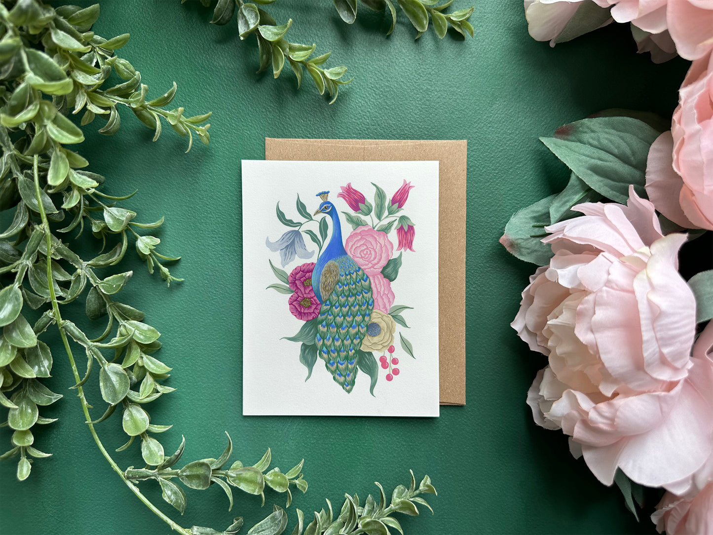Peacock with Flowers Greeting Card