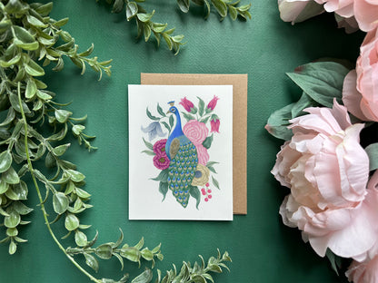Peacock with Flowers Greeting Card