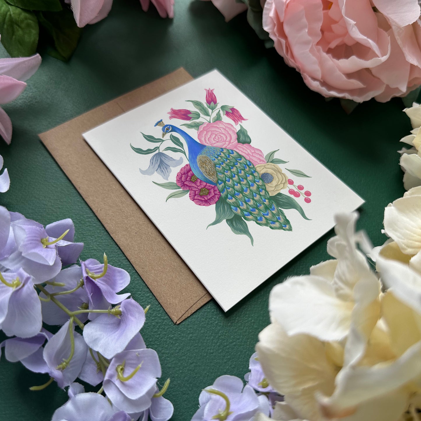 Peacock with Flowers Greeting Card