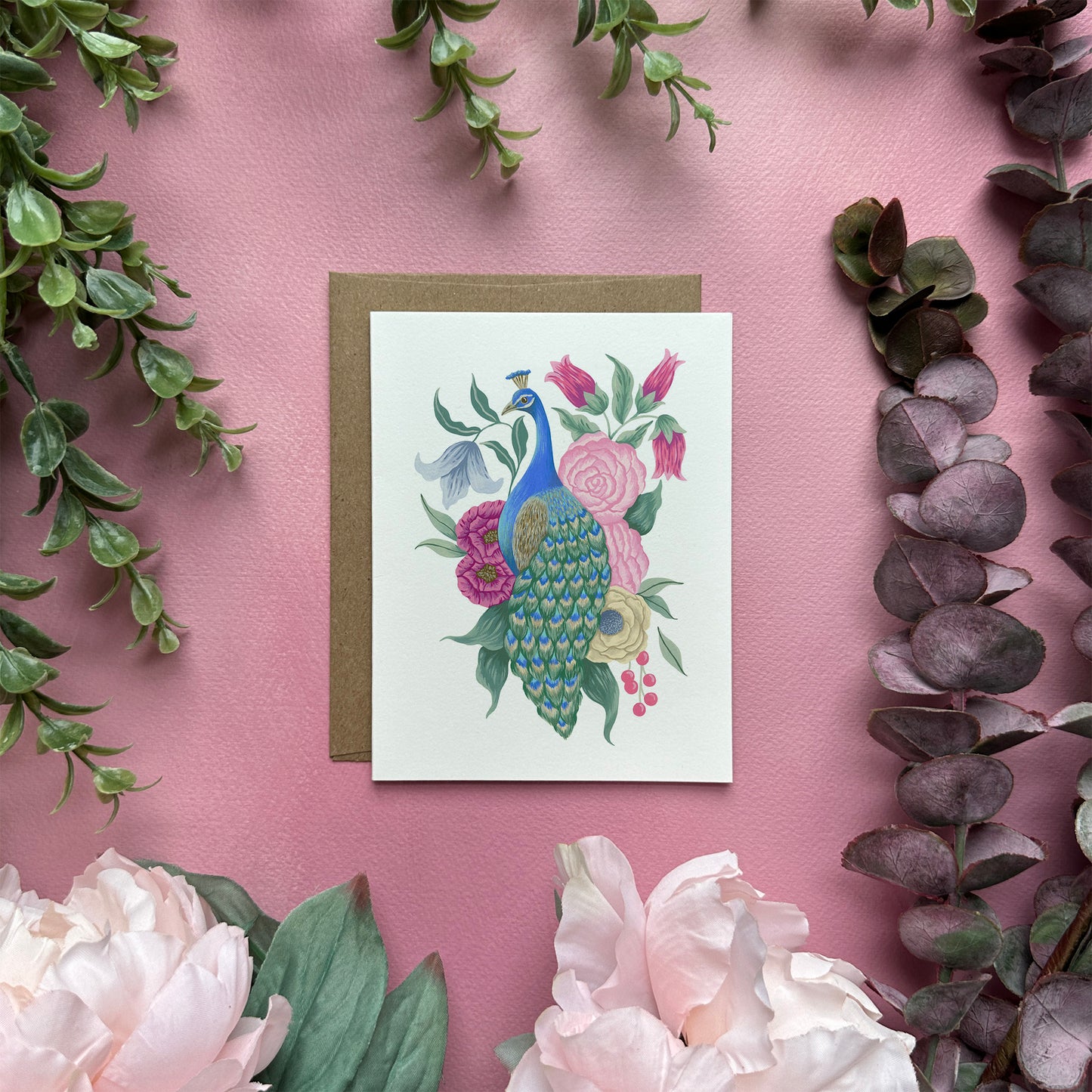 Peacock with Flowers Greeting Card