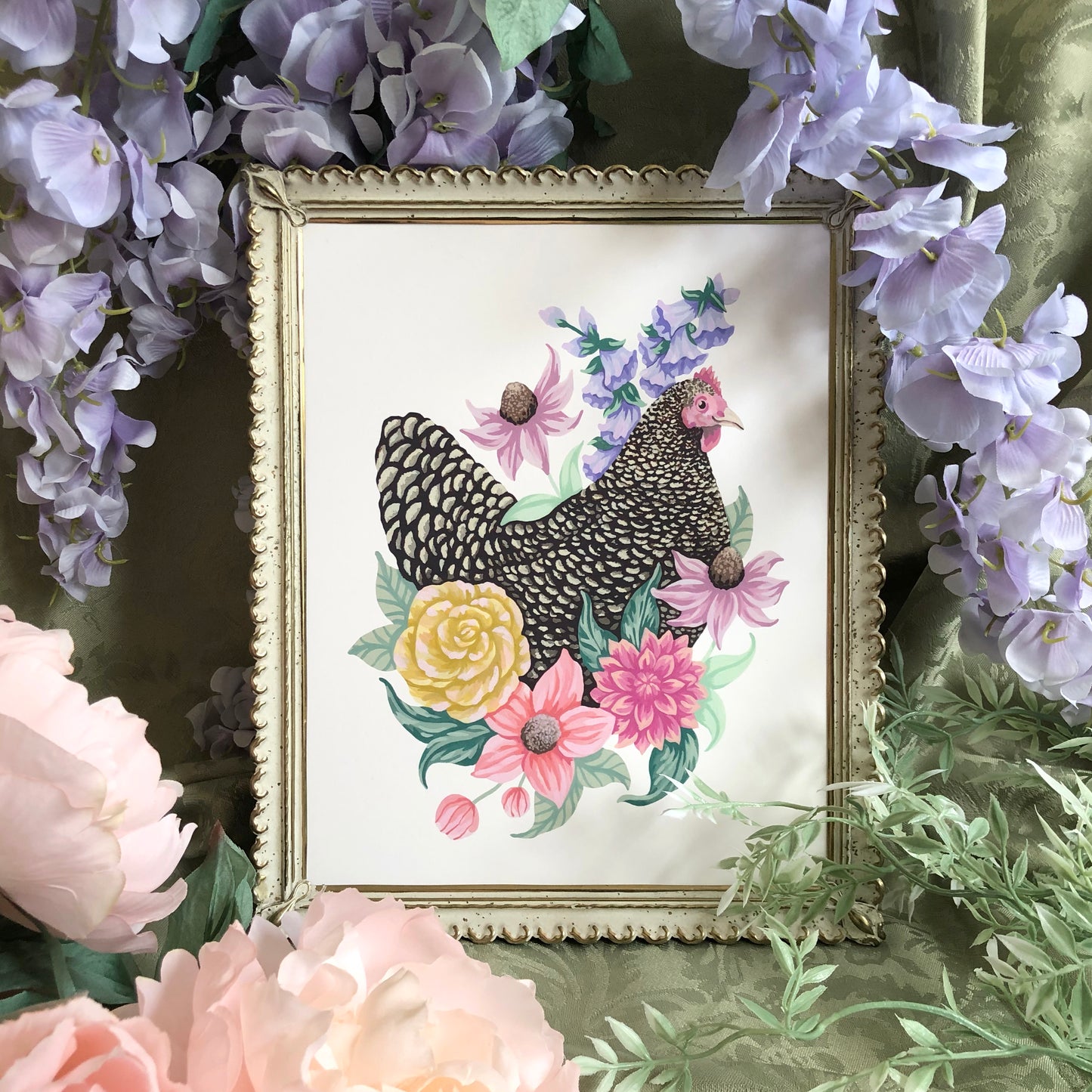 Chicken Floral Art Print - Chicken in Colorful Flowers - Framed