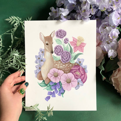 Deer Flower Art Print on Green Background