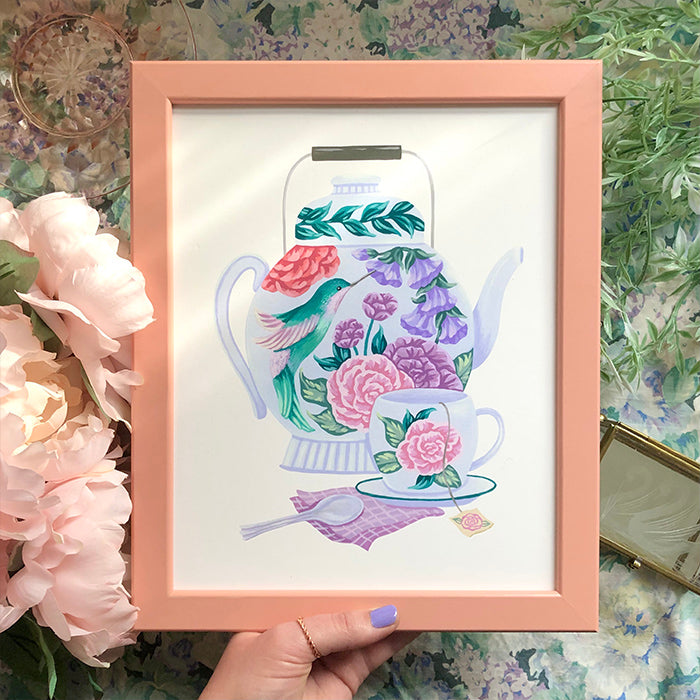 Hummingbird Tea Set Floral Art Print 